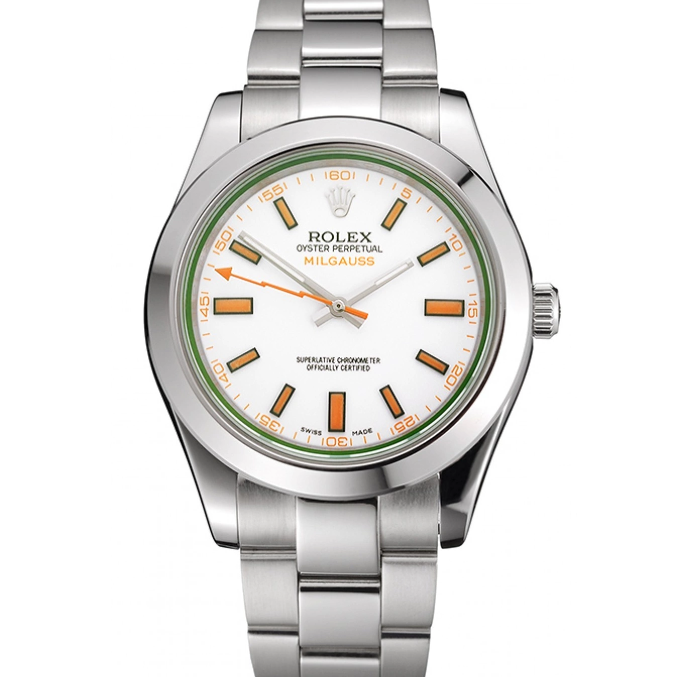 Aaa replica watch And Rolex White Stainless Bracelet Steel Markings Orange Case Dial Swiss Milgauss 0731